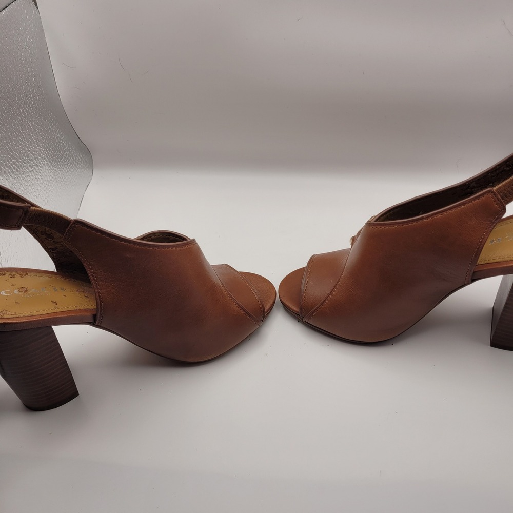 Coach Womens Brown Leather Peep Toe Slingback Block Heel Sandals Gold Buckle 6.5 - Picture 4 of 11